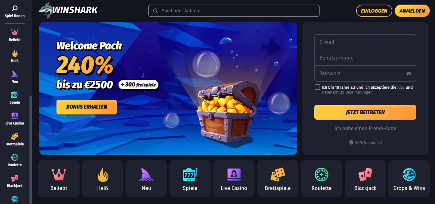 WinShark Casino Startseite